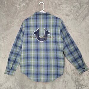 True Religion Womens Flannel Shirt Sz S Blue Green Plaid Long Sleeve Button Snap